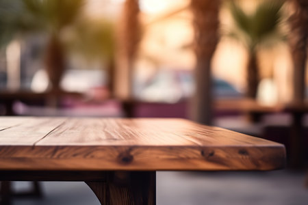 Empty wooden table in a cafe shop close-up. Summer tropical palm trees. Blurred backgroundの素材
