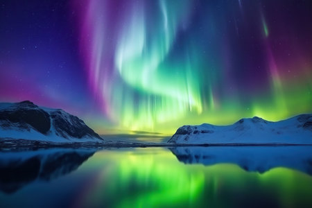 Panorama of the northern lights over snow-capped mountains, amazing landscape, fairy taleの素材