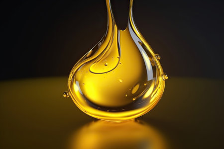 Drop of oil. Shine yellow Cosmetic oil or Cosmetic Essence Liquid drop. Fresh engine oil liquid eco...