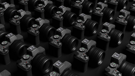 Camera, World Photography Day. Lot of digital cameras on the table. 3d rendering