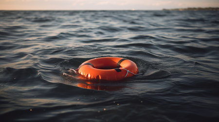 Orange lifebuoy on the water in the blue sea. Safety on the water, rescue of a drowning personの素材