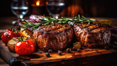 Succulent thick juicy portions of grilled fillet steak with potatoes and tomatoesの素材