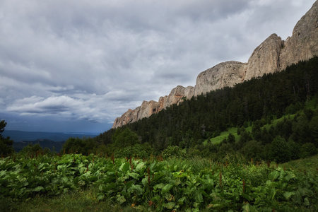 Big Thach mountain range. Summer landscape Mountain with rocky peak. Russia, Republic of Adygea, Big Thach Nature Park, Caucasusの写真素材
