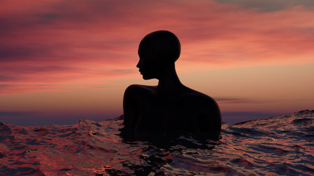 Black woman in the sea against the sunset. Woman without hair, bald girl in the water. 3d renderingの写真素材
