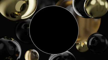Black round background for text on background of black golden balls. 3d renderingの写真素材