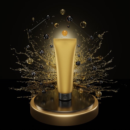 Mockup tube of beauty facial cream for face on a wet gold background, a organic product for facial skin care on podium. 3d renderingの写真素材