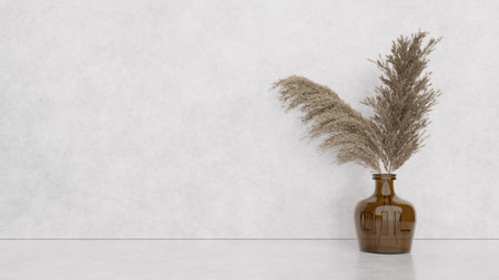 Ornamental plant in vase on light background against wall, interior design, place for text, mockup for design. 3d renderingの写真素材