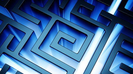 Labyrinth glow blue maze structure confusing way to the exit. Breaking the deadlock. 3d renderingの写真素材
