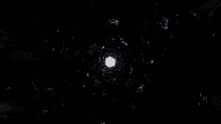 Deep tunnel in rock, stone walls. At the bottom of well. Light in the end. 3d render