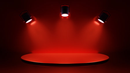 Red background Round Podium for cosmetic product, object. Empty platform, platform space place. Modern pedestal product background. 3d renderの写真素材