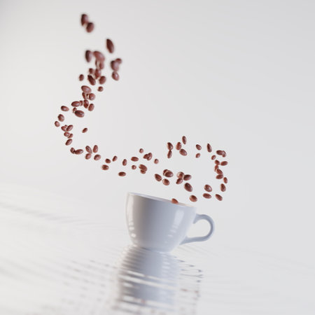 Coffee mug on a wet table, coffee beans falling inside the mug on a white background. Caffeine espresso drink. 3d renderの写真素材