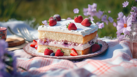 Pastel cake on plate decorated with flowers and berriesの素材