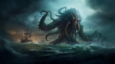 Mysterious monster Cthulhu in the sea, attack boat huge tentacles sticking out of the water, landscapeの素材