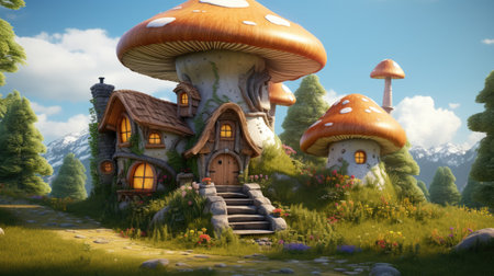 Mushroom fantasy house illustration, nature fairy home, fairy tale forest, magical, cottage, treeの素材