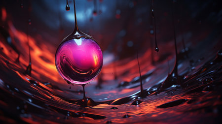 Drops oil different colors, splashes of water paint on dark background, macro. Oil refining industry, engine oil. 3d renderの写真素材