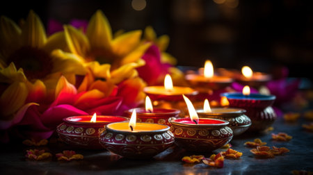 Happy Diwali, oil lamp light, lit on colorful rangoli during diwali celebration. Hindu festival of lights celebrationの素材