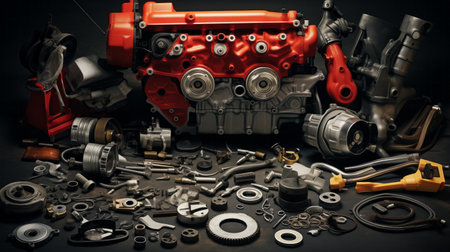 Auto repair, car engine repair, spare parts are laid out on the table. Maintenance of diesel and gasoline equipment, service centerの素材