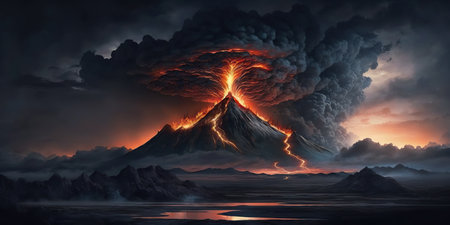 Volcanic eruption, lava and ash ejection into the sky, panorama, magma flowsの素材