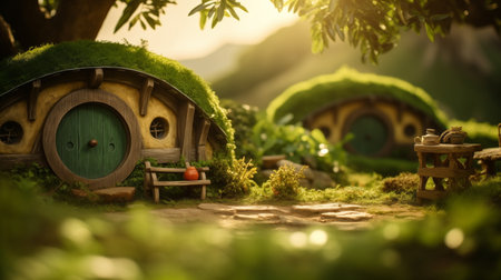 Shire village of hobbits, small fairy-tale houses in the ground with round doorsの素材