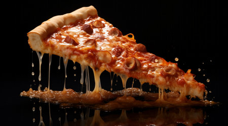 Juicy piece of delicious Italian pizza, melted cheese dripping down, pizza with vegetablesの素材