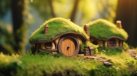 Shire village of hobbits, small fairy-tale houses in the ground with round doorsの素材