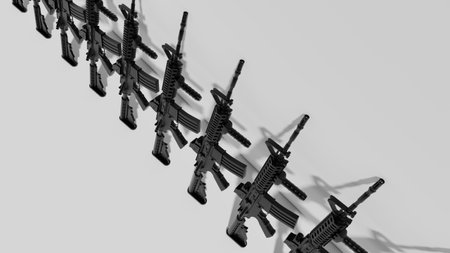 M4A1 carbine, arms supplies, military conflict. A large number of automatic gun rifles, weapons. 3d renderの写真素材