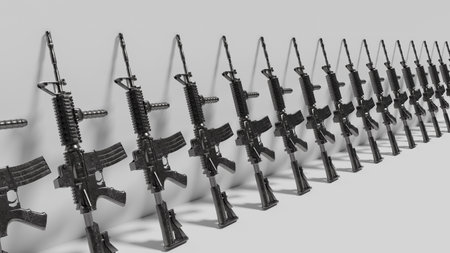 M4A1 carbine, arms supplies, military conflict. A large number of automatic gun rifles, weapons. 3d renderの写真素材