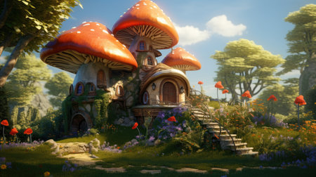 Mushroom fantasy house illustration, nature fairy home, fairy tale forest, magical, cottage, treeの素材