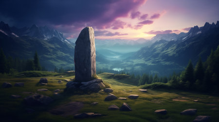 Big stone monolith on a hill among the mountains. Rune magic ritual stone in the mountains. Fabulous landscape of mountainsの素材