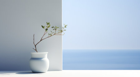 Decorative plant flower in a pot, minimalistic interior exterior. A potted tree in the sunlight against a background of blue sky and seaの素材