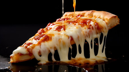 Juicy piece of delicious Italian pizza, melted cheese dripping down, pizza with vegetablesの素材