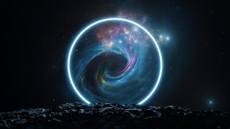 New worlds of galaxies panorama, fantasy portal to far universe. Space exploration, round gateway to...