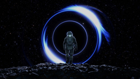 Astronaut cosmonaut discovery of new worlds of galaxies panorama, fantasy portal to far universe. Astronaut space exploration, gateway to another universe. 3d renderの写真素材