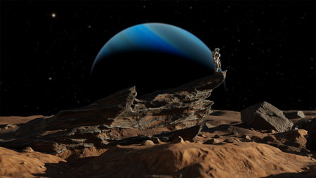 Astronaut on alien planet, red planet Mars. Space exploration, Martian colony, science, solar...