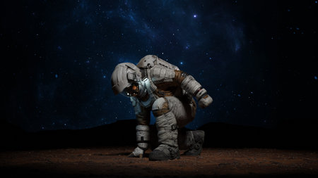Astronaut touches ground with his hand on planet. Red planet Mars exploration. Stars, galaxies and...