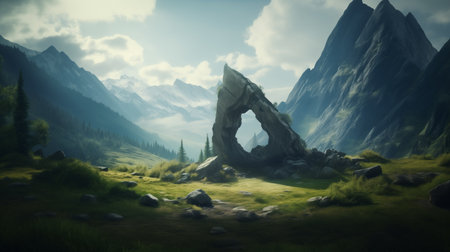 Big stone monolith on a hill among the mountains. Rune magic ritual stone in the mountains. Fabulous landscape of mountainsの素材