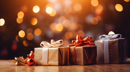 Christmas gift in a shiny box packaging, New Year. Gift for a holiday decorated with a gold ribbonの素材