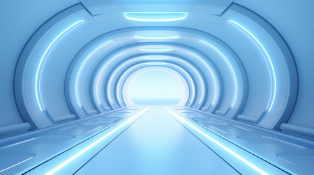 Corridor tunnel of space station ship, glowing futuristic panels of blue color, metal walls reflection of light. Podium stage long way. 3d renderの写真素材