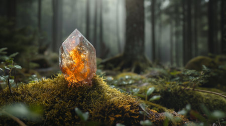 Big Gemstone mineral in fabulous forest, fantasy nature, fairy tale landscapeの素材