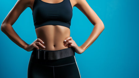 Close up portrait of woman athlete, muscle female waist in sportswear, fitness, isolated on blue backgroundの素材