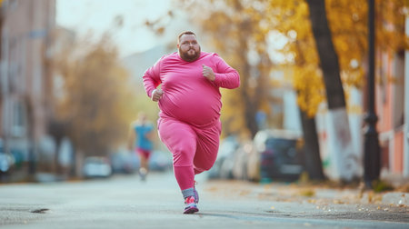 Man with a chubby physique body runs down the street in sports clothes, sports training, weight lossの素材