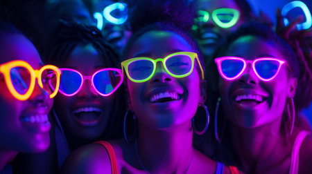 Ethnically diverse happy smiling business people in glowing color glasses looking at the camera. Glow cyan neon, cyan and dark blue light, nightclub, funの素材