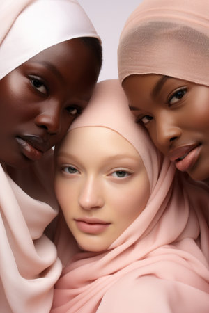 Multicultural women of different races, faiths and skin colors pose with makeup. Young women hug, friendshipの素材