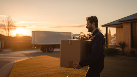 Happy fair delivery man in uniform carrying huge box to doorstep of house , blurred huge delivery truck in backgroundの素材