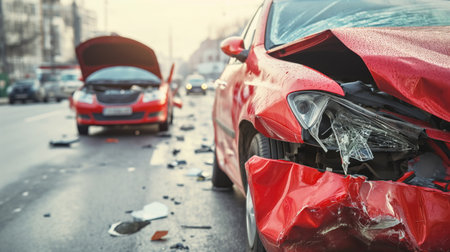 Collision of two cars, accident, damage to a vehicle. Speeding on road, drunk driving, crash carの素材