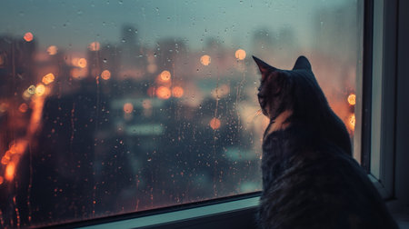 Cat looking out of a window onto a cityscape in the rainの素材