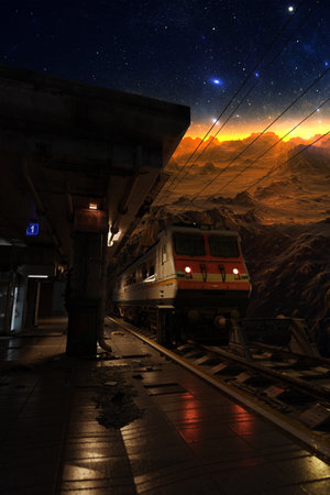 Railway station in space, train stop near planet, railway station platform in space, travel to other...