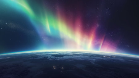 Panorama of orbit, on which the colorful lights of northern lights are visible, creating a magical heavenly sighの素材