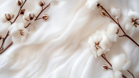 White cotton flowers plant on white cotton fabric background for sustainable fashion or organic products. Eco-friendly textileの素材