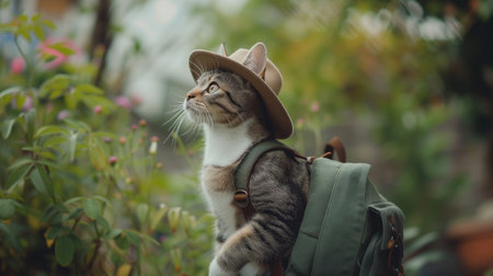 Adventurous cat, clad in travel gear and a backpack, explores natures wonders, embodying curiosity and wanderlust in its journey through scenic landscapesの素材